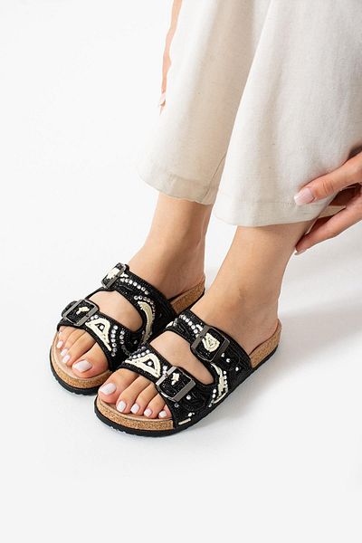 Eataly Shoes Colorful Stone Bead Embroidered Leather Double Strap Slippers