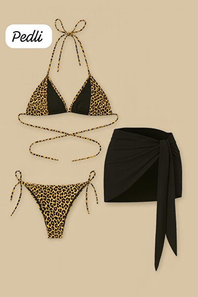 Stail Moda Kadın Leopar 3LÜ Yandan ve Boyundan Bağlamalı Tangalı Üçgen Bikini Plaj Mayo Gecelik Deniz Takımı
