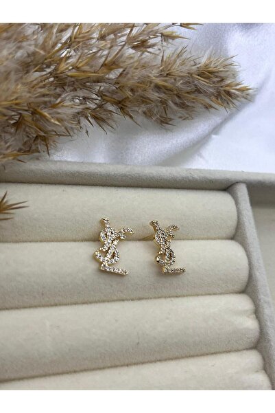 Yıldız Accessory YSL Yazılı Işıl Işıl Gümüş ve Altın Renk Çelik Küpe
