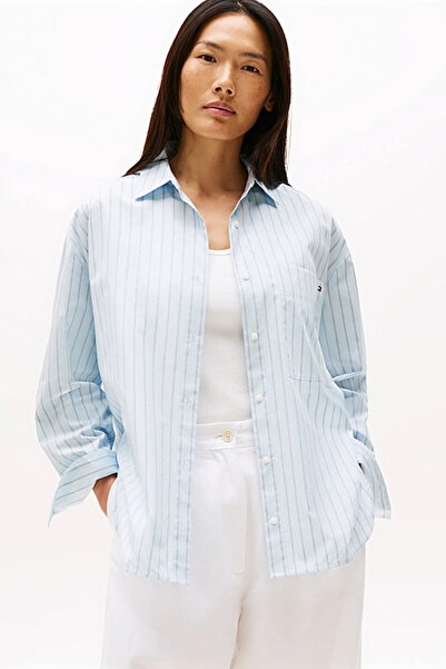 Tommy Hilfiger Kadın Rahat Kesim Çizgili Gömlek - Açık Mavi