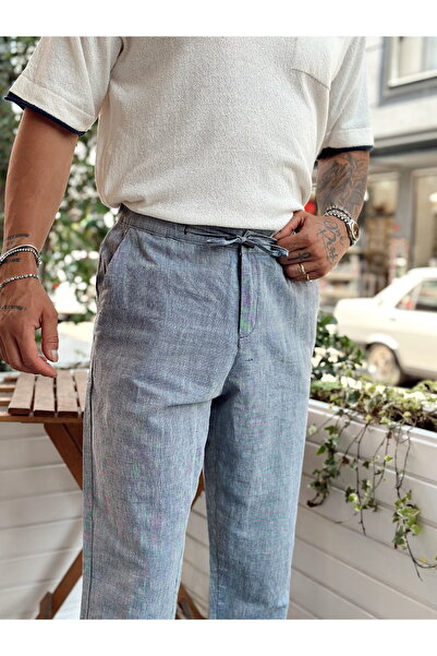 manch collection İtalyan Kesim Beli İpli Keten Pantolon İndigo