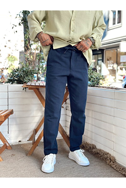 manch collection İtalyan Kesim Beli İpli Keten Pantolon lacivert