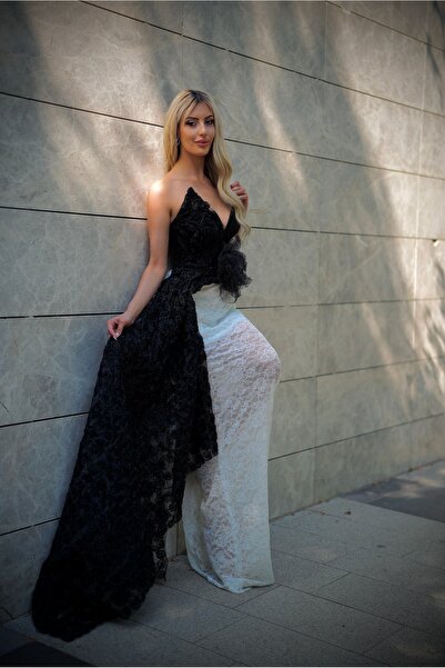 LUCSTYLE Noir Silence Exclusive Siyah Beyaz Özel Tasarım Uzun Elbise