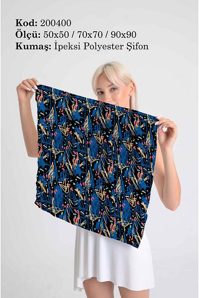 DESENİX Modern Art Inspired Scarf |   Midnight Blue Backdrop |   50X50 - 70X70 - 90X90Cm |   Silky Polyester Chiffon