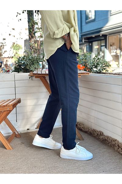 manch collection Italian Cut Waist Drawstring Linen Trousers Navy Blue