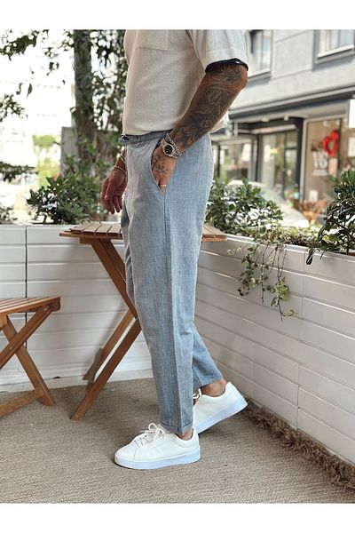manch collection Italian Cut Waist Drawstring Linen Trousers Indigo