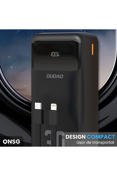 DUDAO Power Bank 30000mAh 22.5W Fast Charging, Built-in USB-C Lightning Cables, 5 Outputs, Black