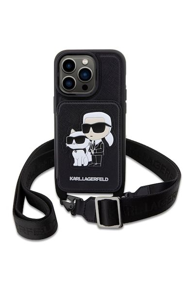 Karl Lagerfeld Saffiano Crossbody Karl and Choupette NFT Case for iPhone 14 Pro, Black