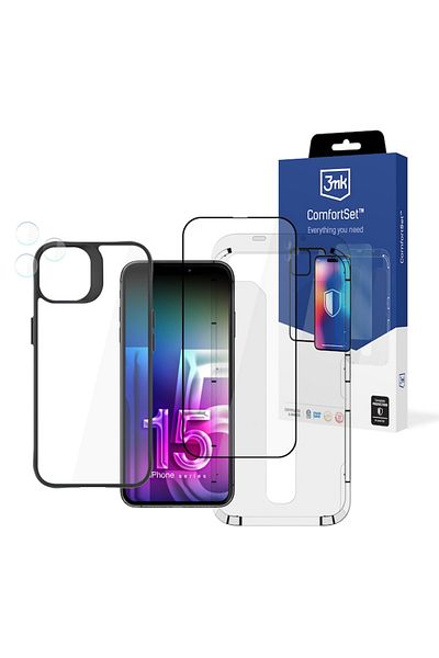 3MK Set Carcasă Armor 4 în 1+, Sticlă Securizată, Protecție Lentilă, Ramă Profesională pentru iPhone 15 Pro Max