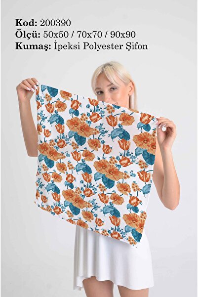 DESENİX وشاح منقوش بالزهور الحية |   ظلال البرتقال والأزرق |   50x50 - 70x70 - 90x90 سم |   قماش شيفون حريري