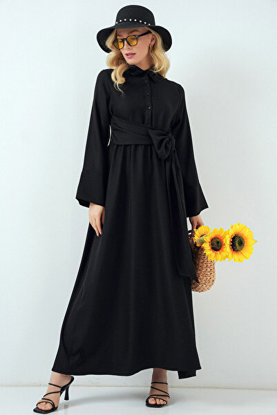 Ottawe Relaxed Fit Rahat Gömlek yaka Uzun Kol Düğme Kapama Kuşak Detay Maksi Boy Günlük Keten Elbise