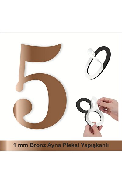 zafrakreklam Kapı Daire Numarası 1 mm Bronz Ayna Pleksi Yapışkanlı No - 5 beş