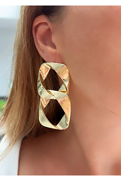 Kutcha Accessories Altın Kaplama Büyük Dikdörtgen Halka Küpe – Çift Kıvrımlı Modern Tasarım