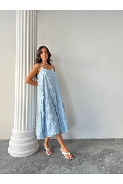 Swass Püskül Detaylı Midi Elbise Mavi