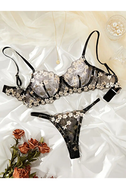 wishe Siyah Papatyalı Dantel Çiçek Tül Fantezi Sütyen Bralet Tanga Gecelik İç...