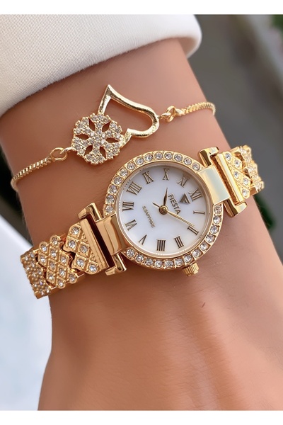 Fiesta Gold Color Small Case White Dial Women's Wrist Watch and Stone Heart Bracelet Gift