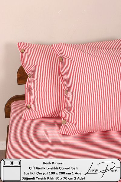 Larispera Double Fitted Sheet Set Cotton Yarn Dyed 180X200Cm Buttoned Pillowcase (50X70Cm2Pcs)