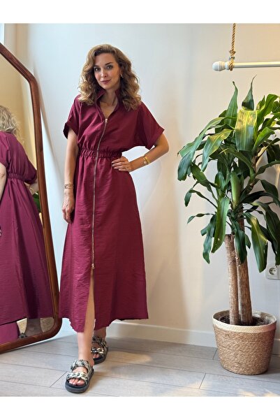 meutique Paraşüt Kumaş Fermuarlı Bordo Elbise