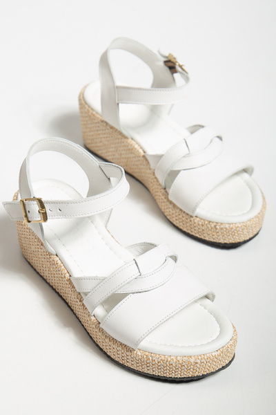 derim shoes White Genuine Leather Straw Sole Wedge Heel Sandals