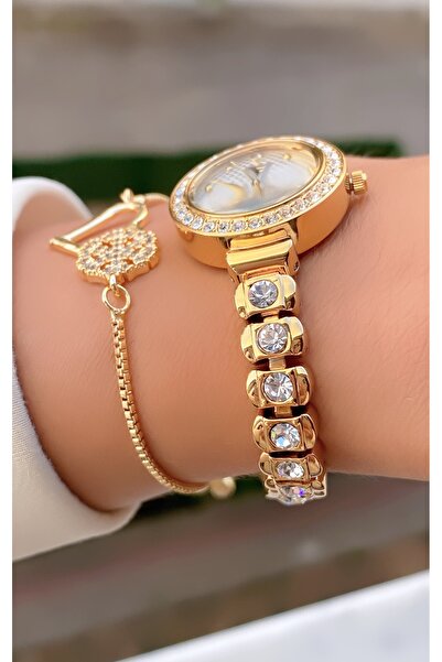 Fiesta Gold Color Stone Detailed Small Case Women's Wristwatch and Heart Bracelet Stylish Set with Gift