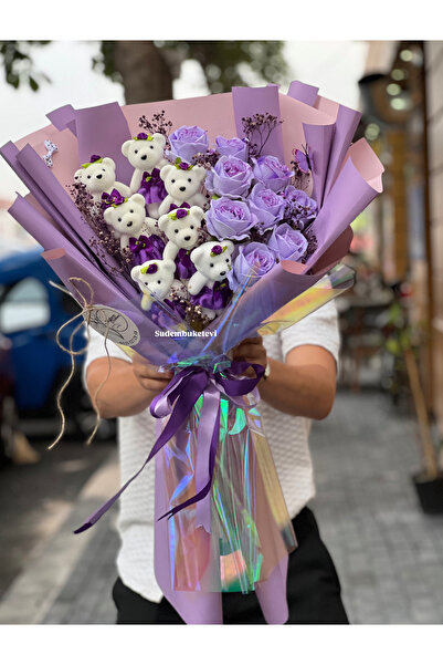 Acilbirbuket Mor Ayıcık Buketi – Yapay Gül ve Peluş Ayıcıklarla Hazırlanmış Ş...