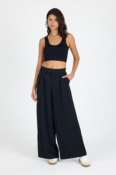 lmvOFFICIAL Women's Black High Waist Pleated Palazzo Pants