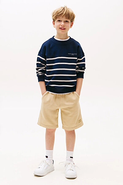 Tommy Hilfiger Unisex Çocuk Çizgili ve Logo Nakışlı Sweatshirt - Lacivert/Beyaz