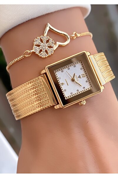 Fiesta Women's Square Dial Bracelet Watch and Heart Stone Bracelet Set - Gold Color Luxury Combination