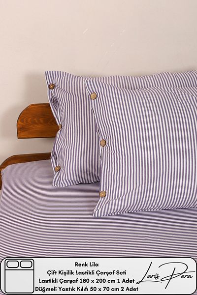 Larispera Double Fitted Sheet Set Cotton Yarn Dyed 180X200Cm Buttoned Pillowcase (50X70Cm2Pcs)