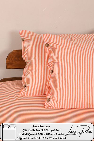Larispera Double Fitted Sheet Set Cotton Yarn Dyed 180X200Cm Buttoned Pillowcase (50X70Cm2Pcs)