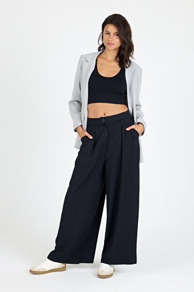 lmvOFFICIAL Women's Black High Waist Pleated Palazzo Pants