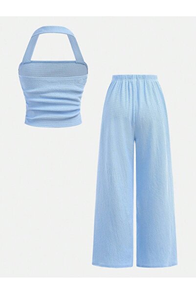 meren like your style Bebe Mavisi Geniş Askılı Geniş Paça Pantolon Alt Üst Takım