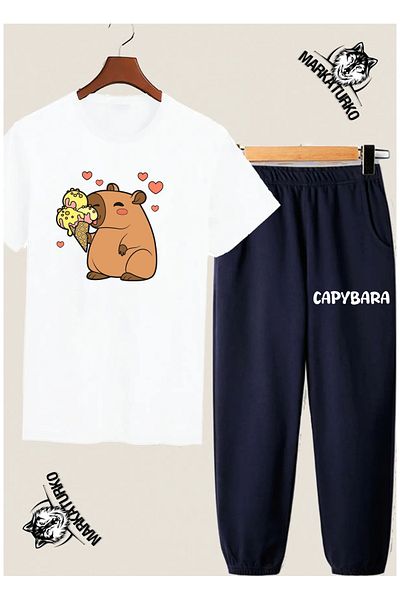 MarkaTurko Capybara Custom Design White Tshirt-Dark Blue Tracksuit Combo 980-90