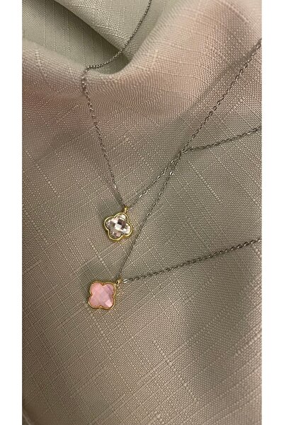 Nesso Woman Series Kristal Taşlı Yonca Pembe-Gümüş Kolye Seti