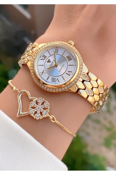 Fiesta Women's Wrist Watch and Heart Bracelet Set with Stones – Golden Yellow Luxury Chic