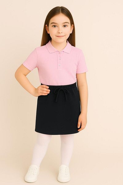 BAGİSTA BUTİK Black Ribbon Shorts Skirt Pink Polo Neck Short Sleeves