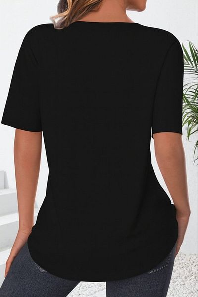 MODAVERA Women's Short Sleeve Notched V Button Detail V Neck Front Pleated Imported Linen Blouse
