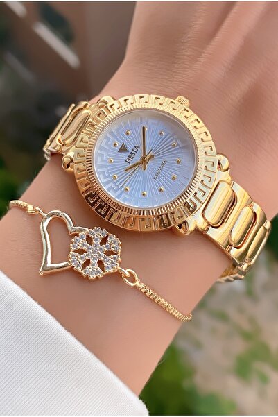 Fiesta Women's Gold Color Geometric Framed Wrist Watch and Rhinestone Bracelet Set - Stylish & Modern
