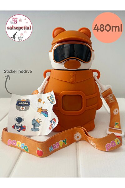 Salsepetial Astronot Panda Çelik Termos 480 Ml Sevimli Ayıcık Çelik Matara Pipetli Ayıcık Suluk Çelik Termos