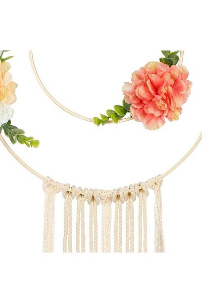 TOPI TOY Decorative accessory talisman/dreamcatcher, macrame, round, with fringes and flowers, 31× 82 cm