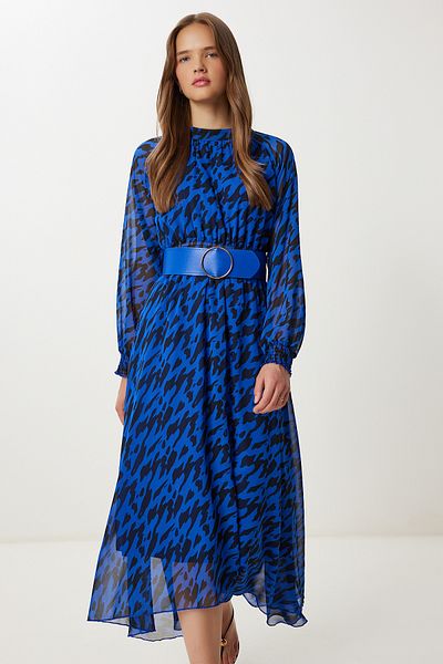 Lovelyİstanbul Rochie din șifon cu volan cu model cu centură LFG0085 ALBASTRU ÎNCHIS