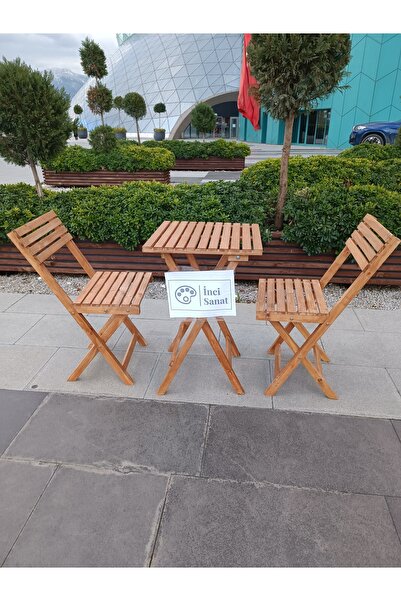 İNCİ TUVAL Ahşap Balkon Bahçe Mutfak Katlanır Masa Sandalye Takımı 3 lü Bistr...