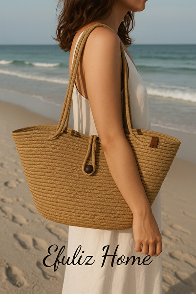 Efuliz Home Τσάντα παραλίας από άχυρο γιούτα, καθημερινή τσάντα ώμου με μακριά λαβή, χειροποίητη τσάντα φυσικής τάσης