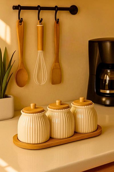 Woodcept Porcelain Daisy Model Wooden Vacuum Lid Tea, Sugar, Salt, Coffee Storage Jar Set with 3 Stands
