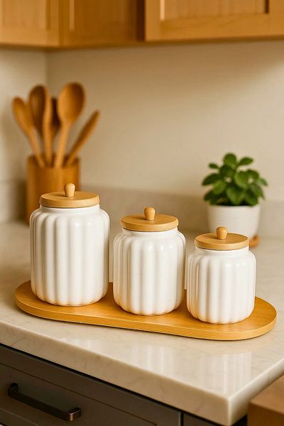 Woodcept Set of 3 Porcelain Star Model Wooden Vacuum Lid Tea, Sugar, Salt, Coffee Storage Jars with Stand