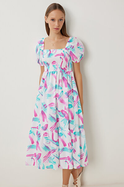 Lovelyİstanbul Φόρεμα με μοτίβο με μανίκια με μπαλόνι LFG0064 ΡΟΖ ΛΕΥΚΟ