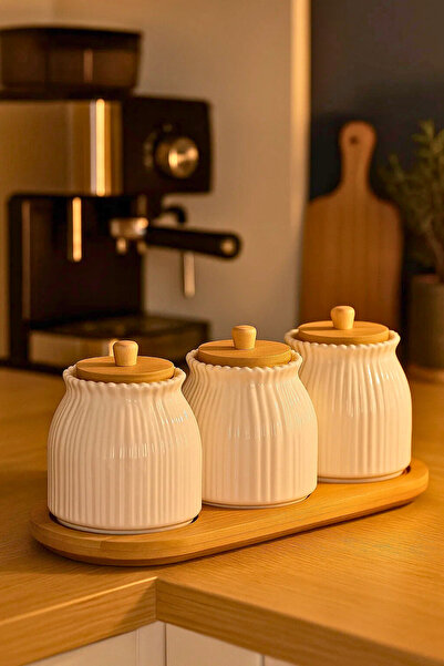 Woodcept Porcelain Daisy Model Wooden Vacuum Lid Tea, Sugar, Salt, Coffee Storage Jar Set with 3 Stands