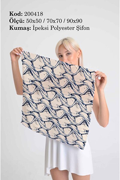 DESENİX وشاح منقوش باللون الأزرق الداكن |   موج البحر على البيج |   50x50-70x70-90x90 سم | قماش شيفون حريري