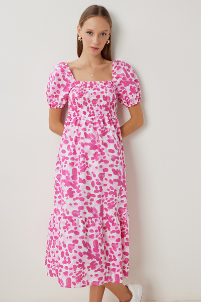 Lovelyİstanbul Φόρεμα με μοτίβο με μανίκια μπαλόνι LFG0076 ΡΟΖ ΛΕΥΚΟ