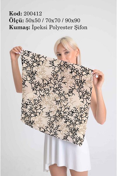 DESENİX وشاح منقوش على شكل فرع المرجان |   خلفية بيج |   50x50 - 70x70 - 90x90 سم |   قماش شيفون حريري